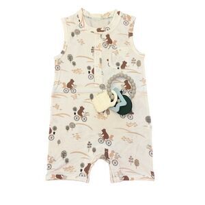 NWOT Loulou Lollipop Set Bears on Bike Short Romper Teething Ring Size 12-18 Mo